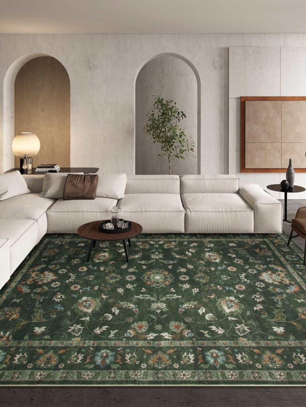 Green 8x10 Rugs for Living Room Floral Rug, Low Pile Vintage Boho Large Rug, Non
